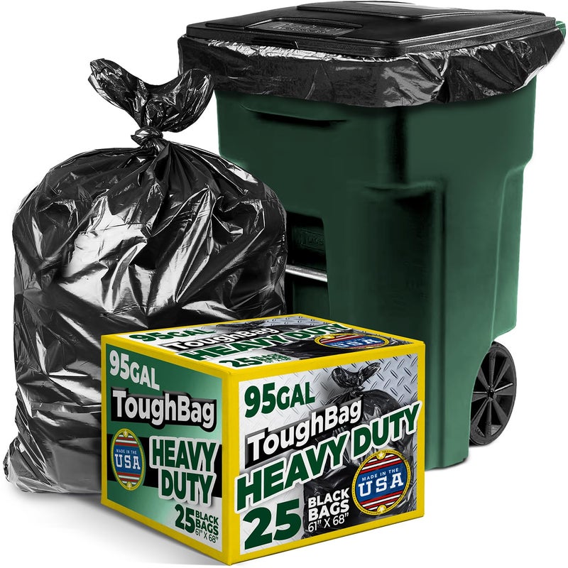 ToughBag 9596 Gallon Trash Bags Heavy Duty 25 Count Extra Large Black Garbage Can Liners for 90100 Gallon Cans Made in USA
